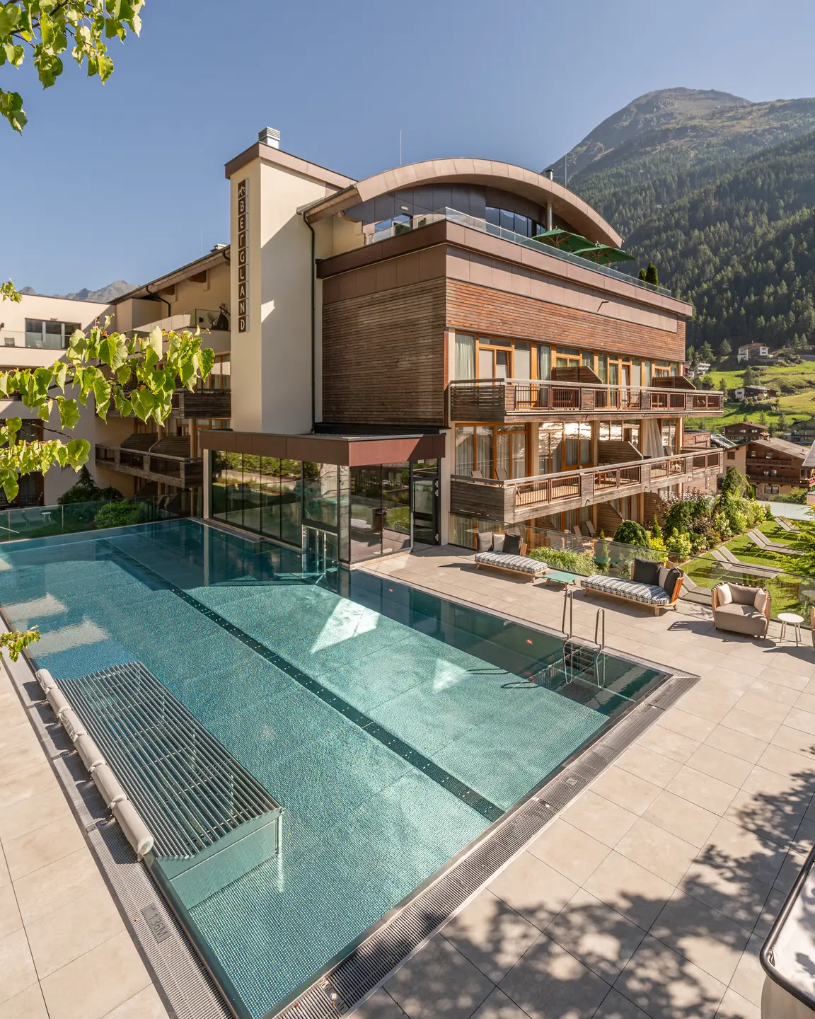 Outdoor pool with hotel view