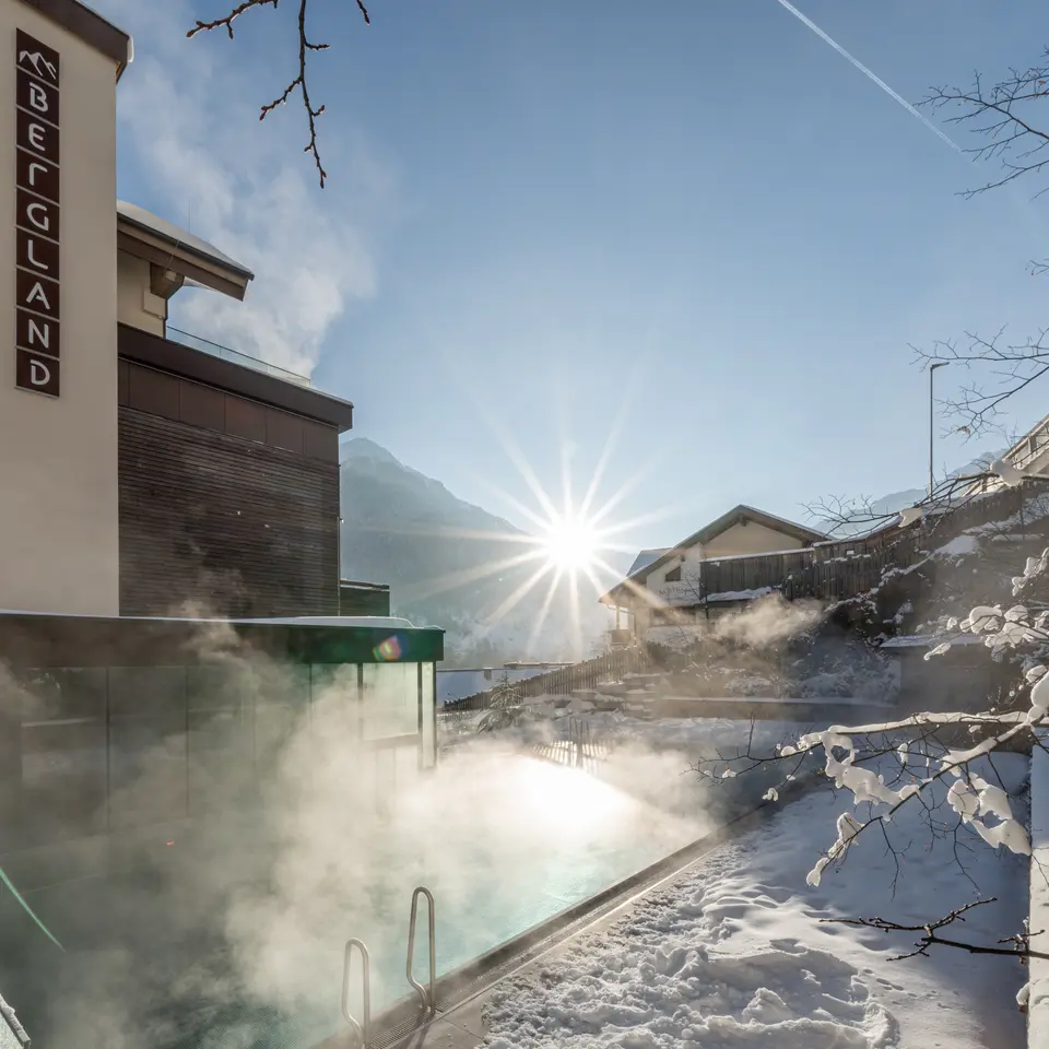 Winter hotel view with outdoor pool 