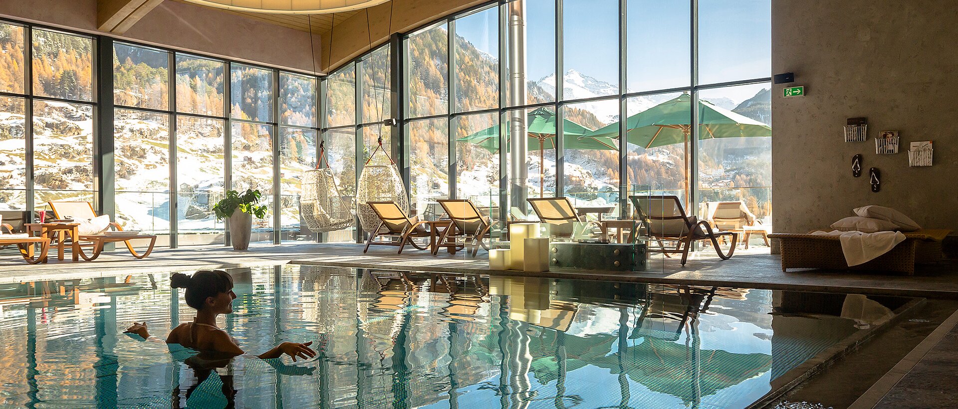 indoor pool with mountain panorama